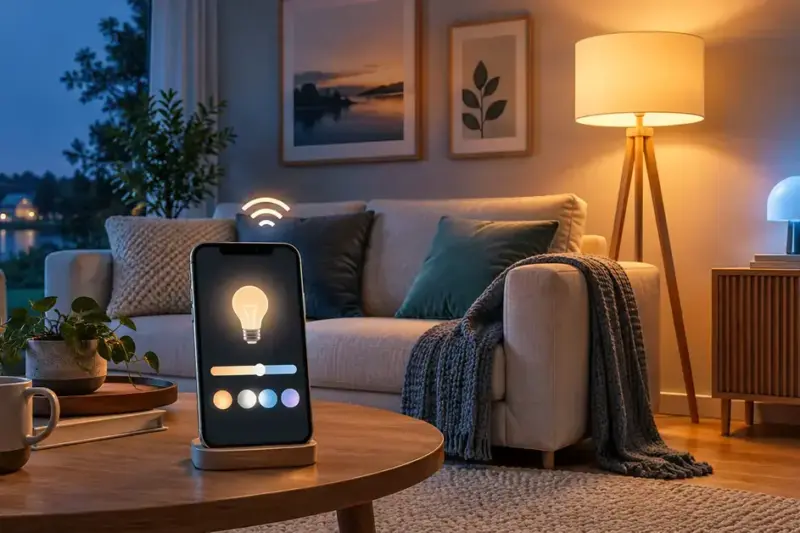 En mobil med reglage för smart belysning framför en soffa och lampor som lyser i varmt gult och svalt blått.