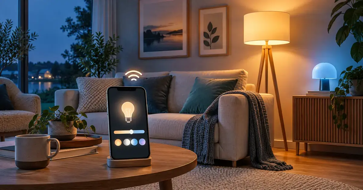 En mobil med reglage för smart belysning framför en soffa och lampor som lyser i varmt gult och svalt blått.