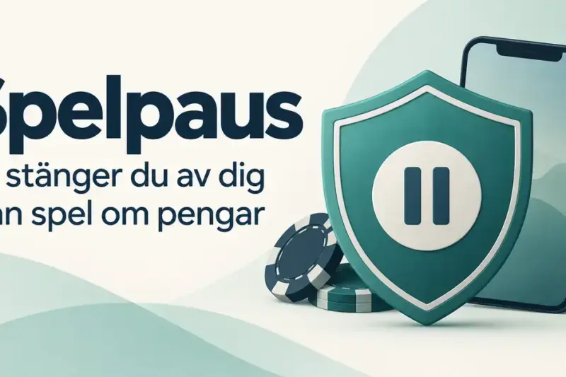 Illustration av en sköld med paussymbol framför en mobiltelefon och spelmarker, med texten ”Spelpaus – Så stänger du av dig från spel om pengar”.