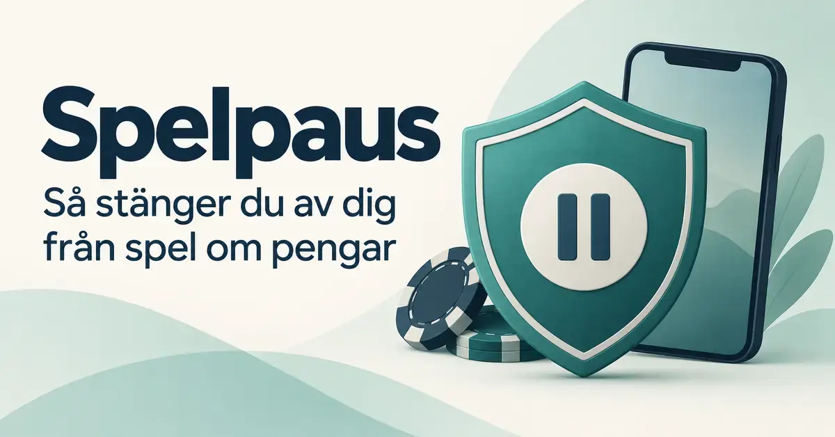 Illustration av en sköld med paussymbol framför en mobiltelefon och spelmarker, med texten ”Spelpaus – Så stänger du av dig från spel om pengar”.
