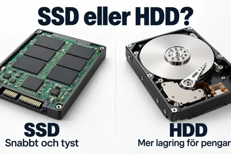 Jämförelse mellan en SSD med synliga minneskretsar och en öppen HDD med magnetskiva och läsarm, med text om snabb och tyst drift respektive mer lagring för pengarna.
