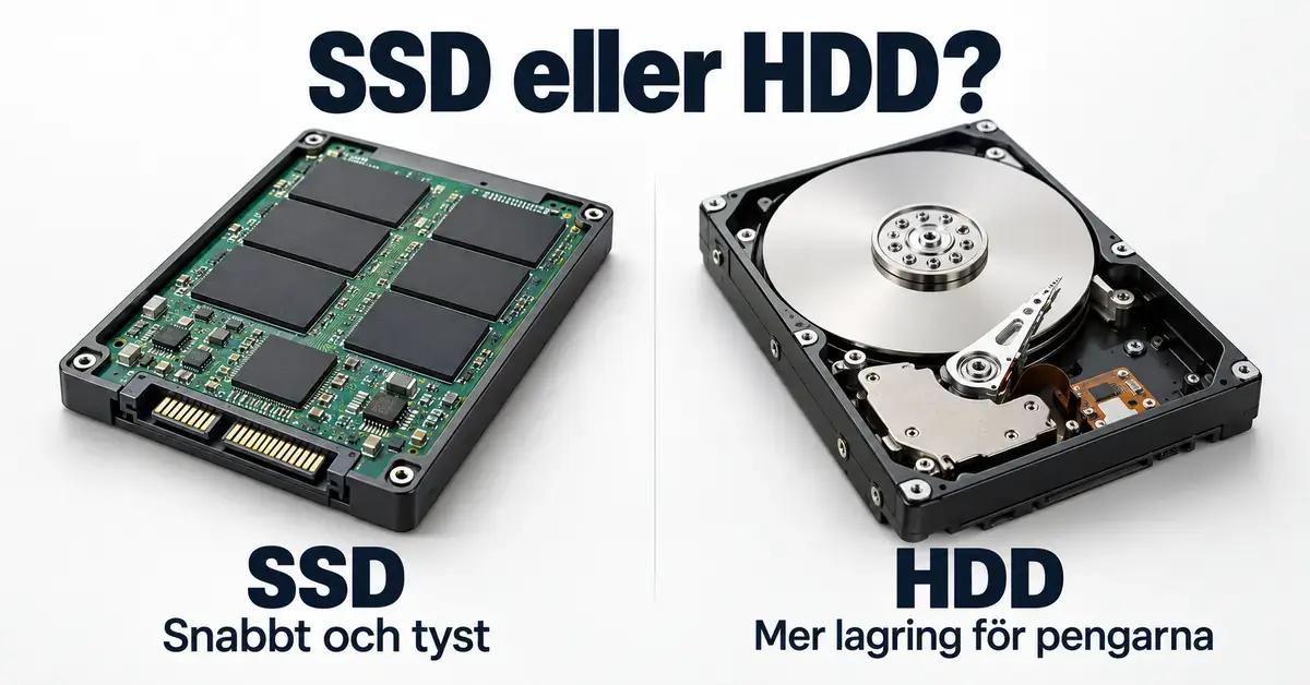 Jämförelse mellan en SSD med synliga minneskretsar och en öppen HDD med magnetskiva och läsarm, med text om snabb och tyst drift respektive mer lagring för pengarna.