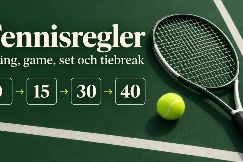 Tennisracket och tennisboll på en grön bana med rubriken Tennisregler och poängföljden 0, 15, 30 och 40.