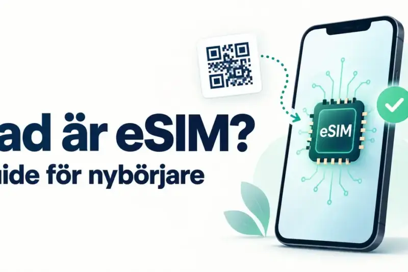 Illustration av en mobiltelefon med ett inbyggt eSIM-chip och en QR-kod för digital aktivering, med texten ”Vad är eSIM? Guide för nybörjare”.