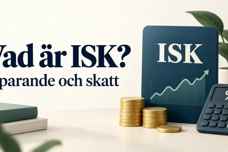 Illustration av ett ISK-konto med diagram, myntstaplar och en miniräknare intill texten ”Vad är ISK? Sparande och skatt”.