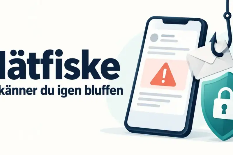 Illustration av nätfiske med ett kuvert på en fiskekrok, en mobil med varningssymbol och en skyddssköld bredvid texten ”Nätfiske – Så känner du igen bluffen”.