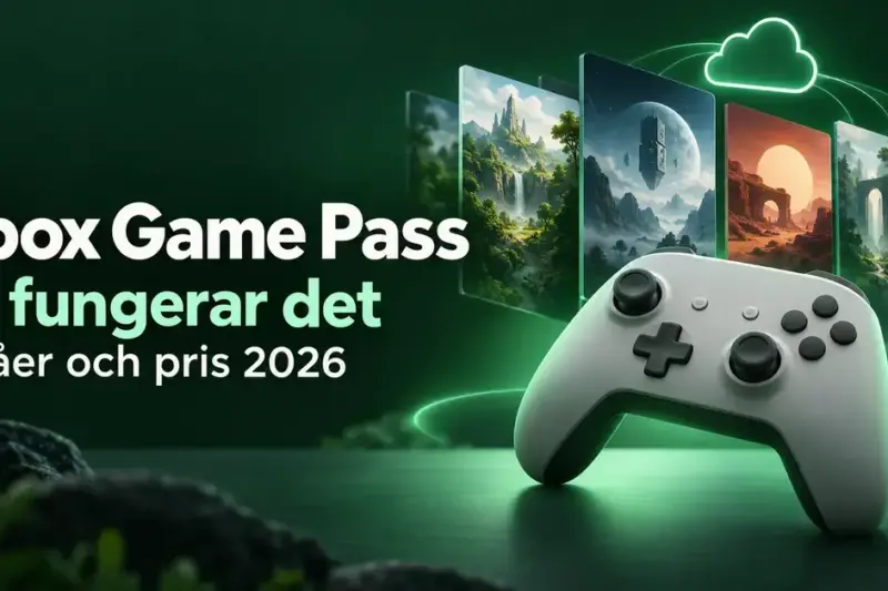 Illustration med en handkontroll, spelbilder och en molnsymbol mot grön bakgrund samt texten ”Xbox Game Pass – Så fungerar det – Nivåer och pris 2026”.