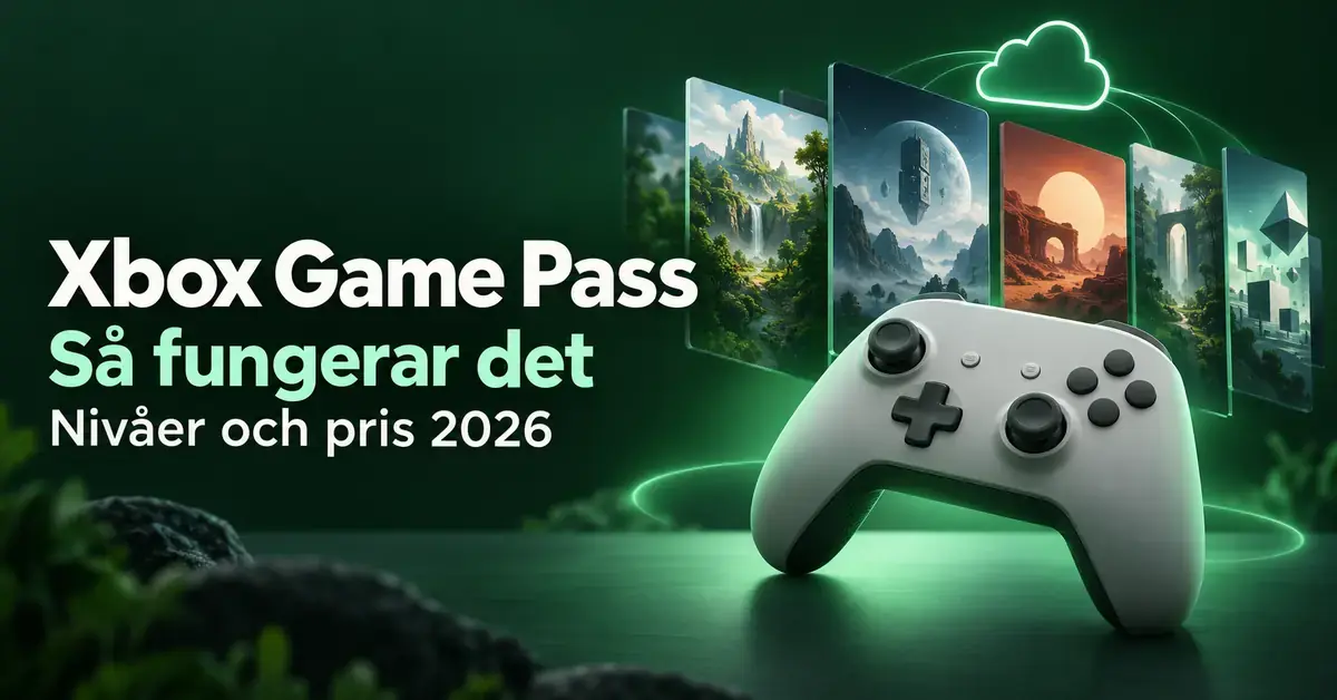Illustration med en handkontroll, spelbilder och en molnsymbol mot grön bakgrund samt texten ”Xbox Game Pass – Så fungerar det – Nivåer och pris 2026”.